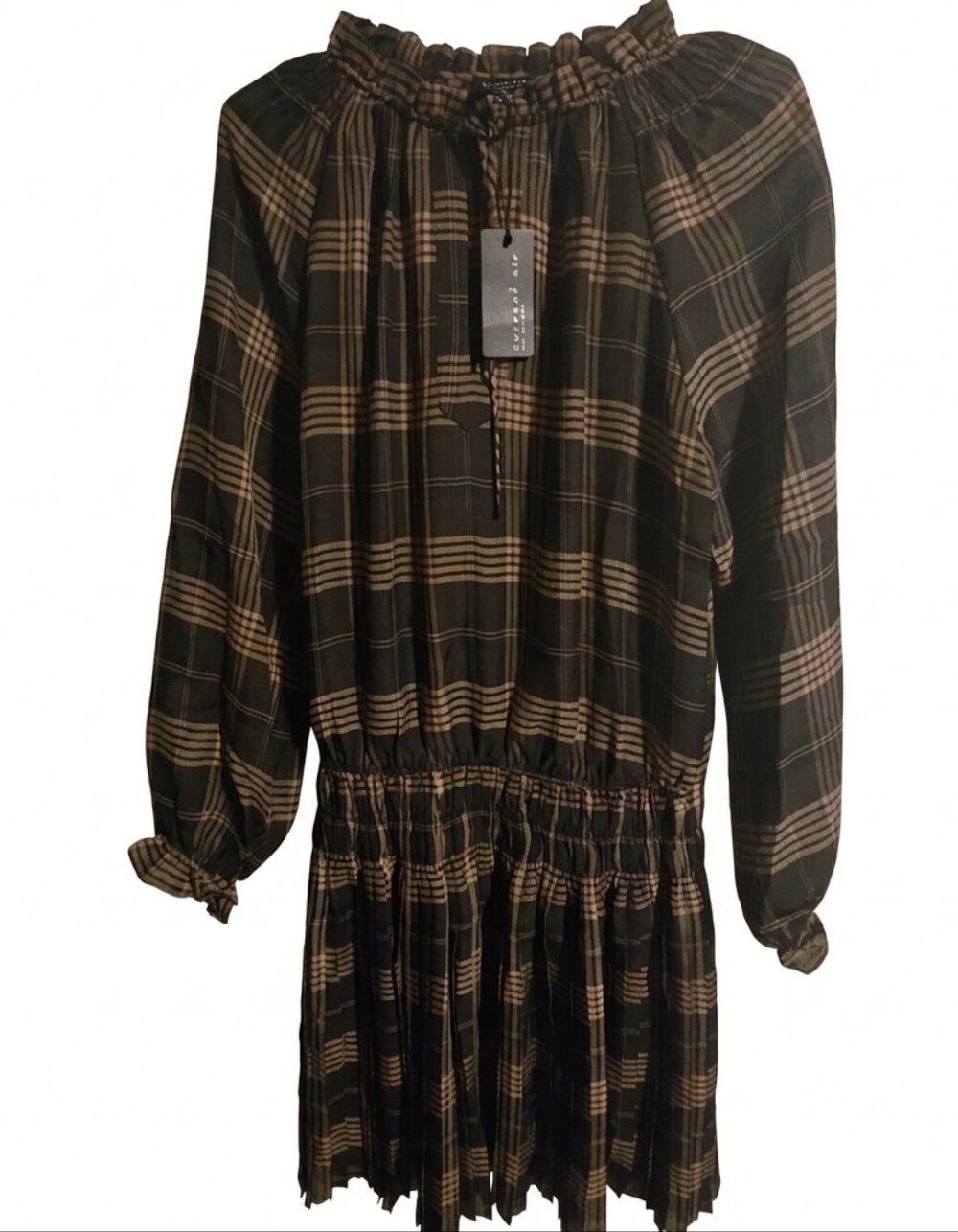 Current Air Black and Brown Plaid Long Sleeve Smocked Waist Dress
